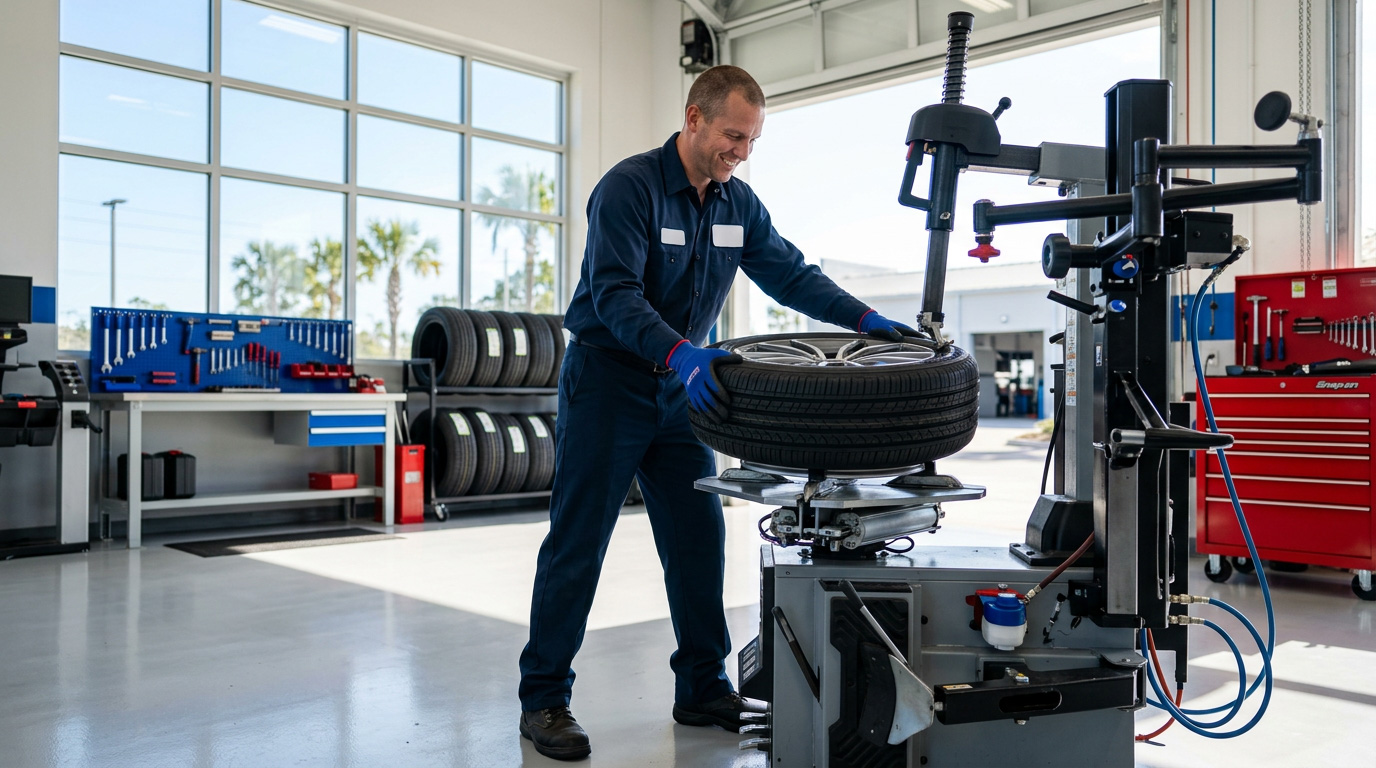 Technician mounting a tire with professional equipment